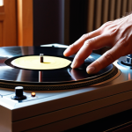 **A close-up shot of a vinyl record being carefully placed on a high-end turntable. Focus on the tactile experience: hands gently handling the record, the tonearm poised above the grooves. Soft, warm lighting to emphasize the analog warmth. The backdrop should be a cozy living room with vintage audio equipment.**