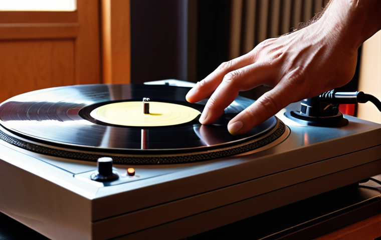 **A close-up shot of a vinyl record being carefully placed on a high-end turntable. Focus on the tactile experience: hands gently handling the record, the tonearm poised above the grooves. Soft, warm lighting to emphasize the analog warmth. The backdrop should be a cozy living room with vintage audio equipment.**