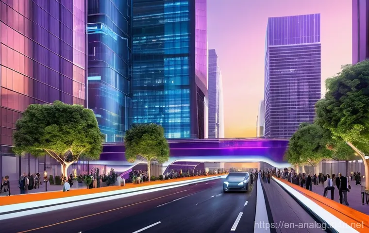 디지털 기술의 발전 - **Prompt 1: Futuristic Urban Oasis**
    "A vibrant, bustling futuristic city at sunset, with sleek,...