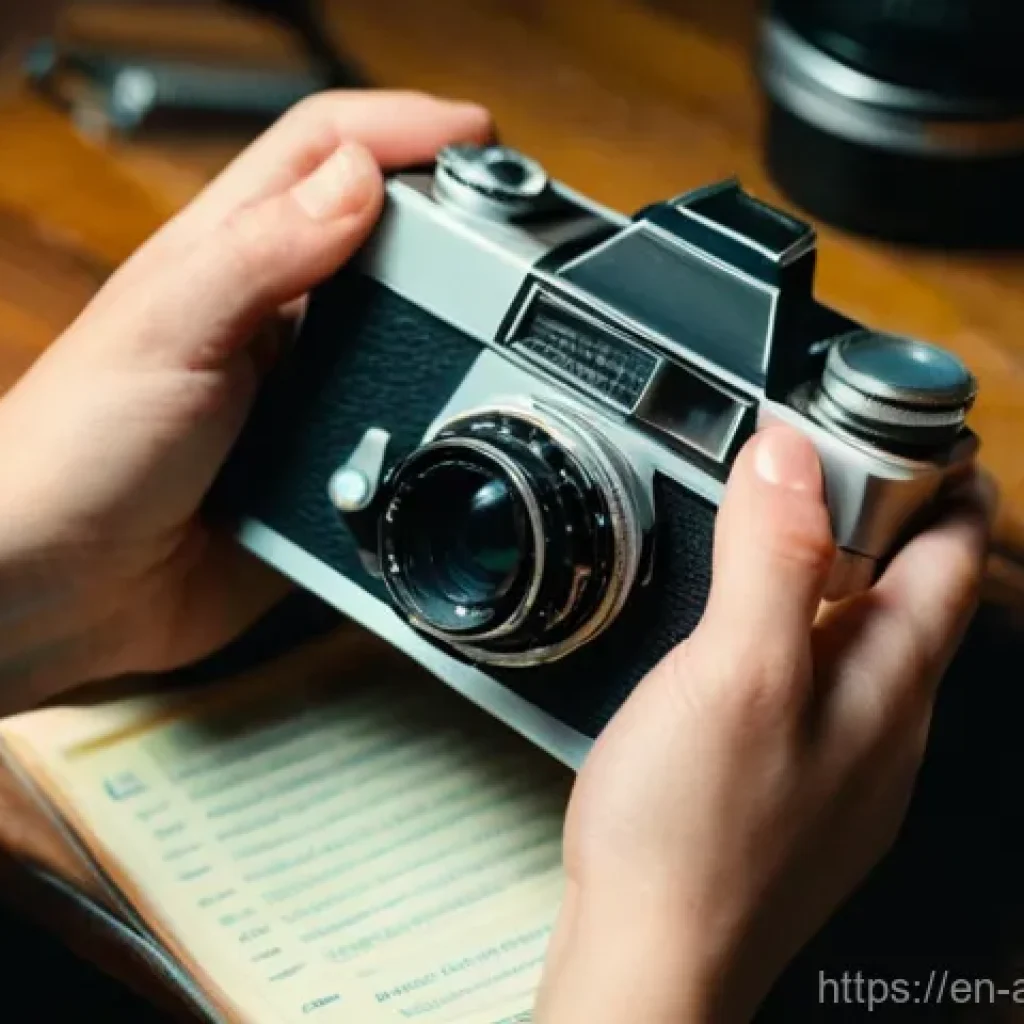 아날로그 카메라 매뉴얼 - **Prompt 1: Intent Study of a Vintage Camera Manual**
A close-up shot of a person's hands, neatl...