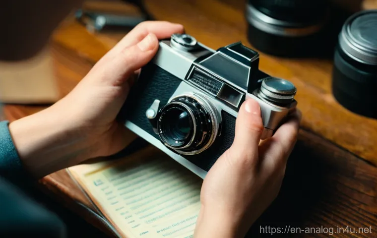 아날로그 카메라 매뉴얼 - **Prompt 1: Intent Study of a Vintage Camera Manual**
    A close-up shot of a person's hands, neatl...