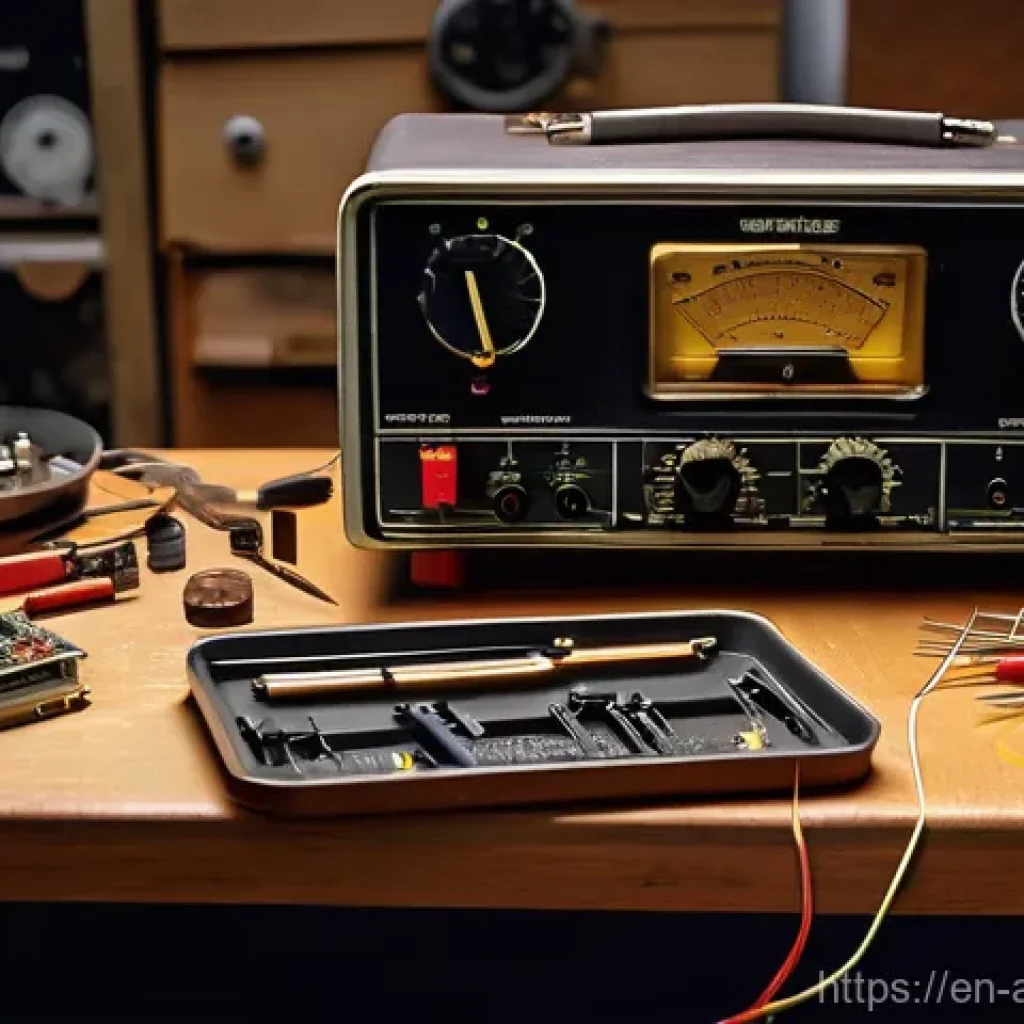 레트로 아날로그 기기 수리 - **A highly detailed, realistic image of a vintage electronics repair workbench.** In the foreground,...