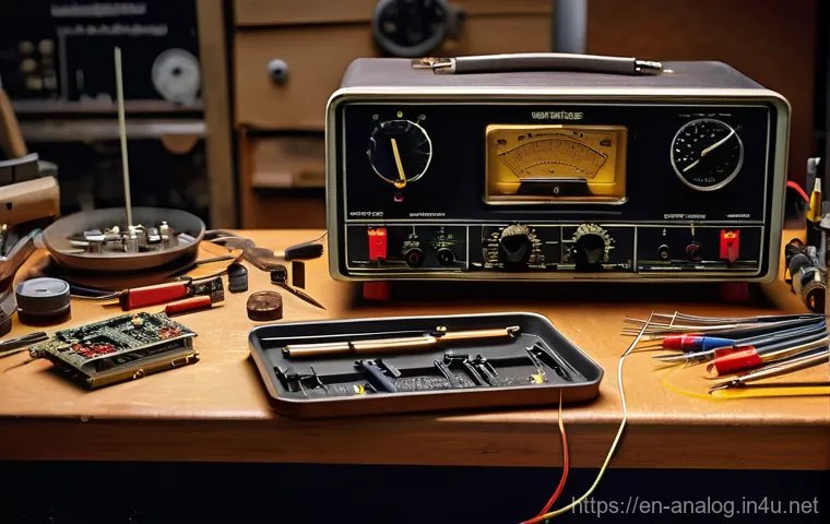 레트로 아날로그 기기 수리 - **A highly detailed, realistic image of a vintage electronics repair workbench.** In the foreground,...