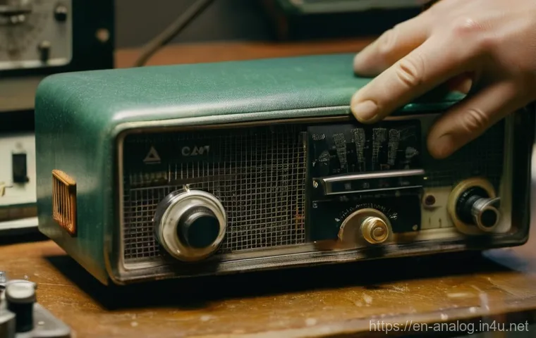 아날로그 기기 복원 - A close-up, highly detailed shot of a person's hands, wearing practical work gloves, meticulously cl...