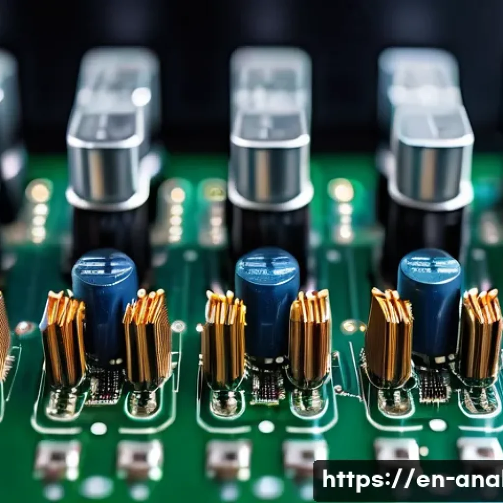 아날로그 신호 처리 - A detailed close-up illustration of an analog audio amplifier circuit board showcasing operational a...