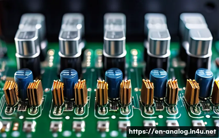아날로그 신호 처리 - A detailed close-up illustration of an analog audio amplifier circuit board showcasing operational a...