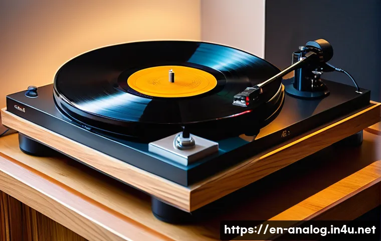 아날로그 오디오 플레이어 추천 - A high-end audiophile turntable setup in a cozy, warmly lit listening room featuring a wooden plinth...