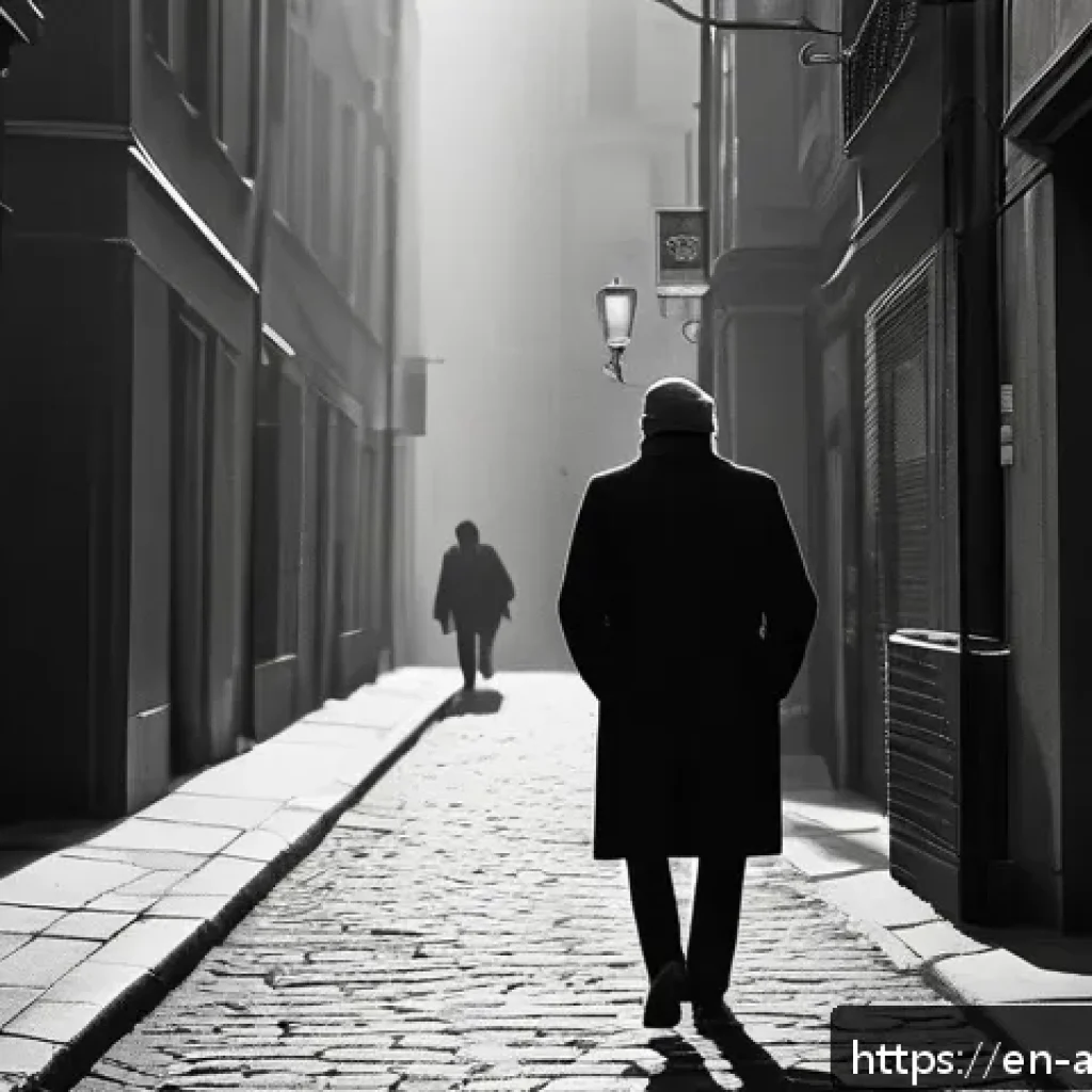 아날로그 카메라 필름 추천 - A classic black and white street photography scene capturing a candid moment of a person walking thr...