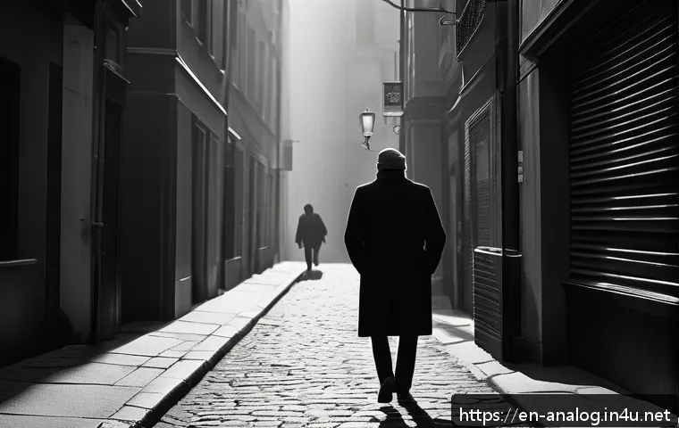 아날로그 카메라 필름 추천 - A classic black and white street photography scene capturing a candid moment of a person walking thr...