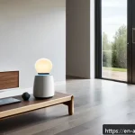 디지털과 아날로그의 융합 - A cozy modern living room featuring a smart thermostat with a large, elegant rotary knob made of bru...