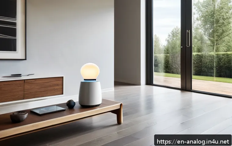 디지털과 아날로그의 융합 - A cozy modern living room featuring a smart thermostat with a large, elegant rotary knob made of bru...