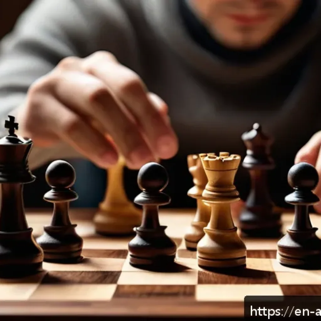 아날로그 체스 - A close-up scene of two adult hands thoughtfully moving classic wooden chess pieces on a well-crafte...