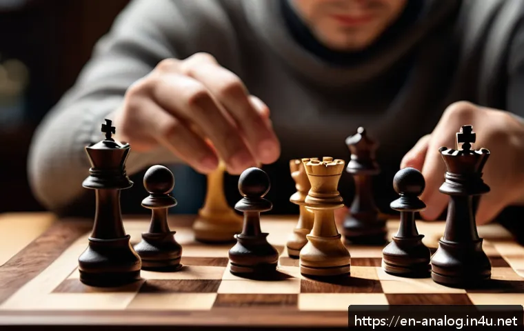 아날로그 체스 - A close-up scene of two adult hands thoughtfully moving classic wooden chess pieces on a well-crafte...