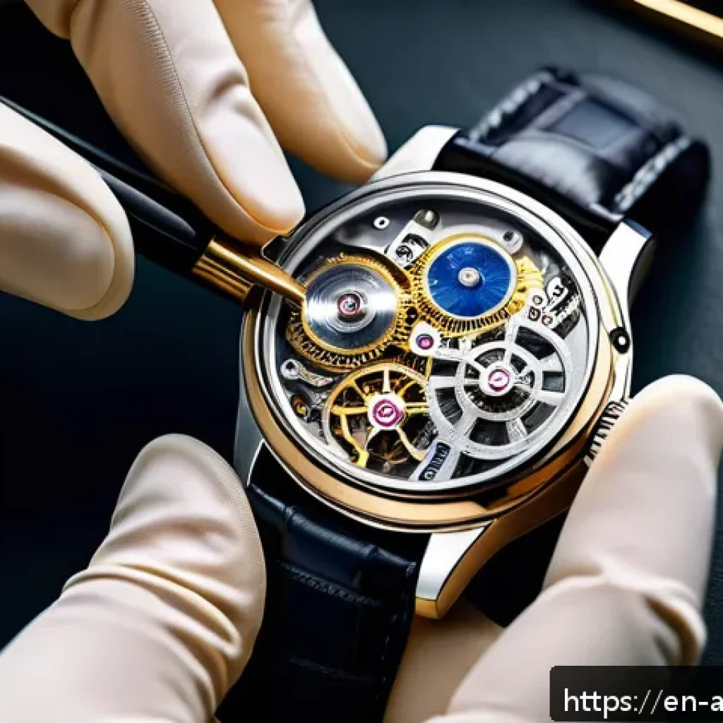 고급 아날로그 시계 추천 - A close-up, hyper-detailed image of a luxury analog watch movement being assembled by a skilled watc...