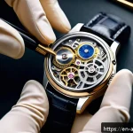 고급 아날로그 시계 추천 - A close-up, hyper-detailed image of a luxury analog watch movement being assembled by a skilled watc...