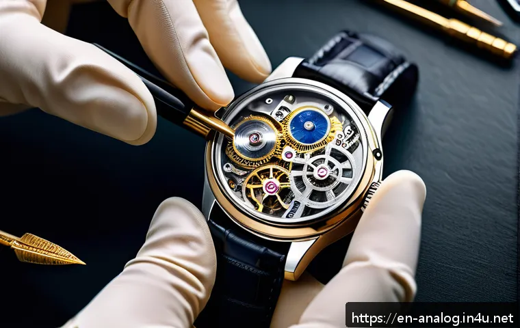 고급 아날로그 시계 추천 - A close-up, hyper-detailed image of a luxury analog watch movement being assembled by a skilled watc...