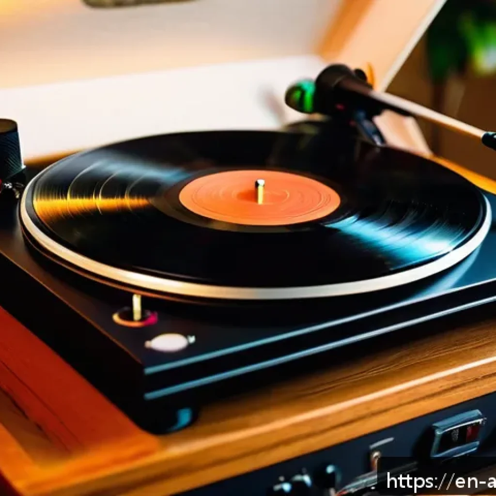 아날로그 오디오와 디지털 음질 차이 - A cozy vintage listening room scene featuring a high-quality analog turntable spinning a vinyl recor...