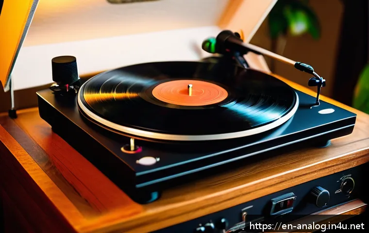 아날로그 오디오와 디지털 음질 차이 - A cozy vintage listening room scene featuring a high-quality analog turntable spinning a vinyl recor...