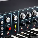 아날로그 합성기 - A detailed close-up image of a vintage analog synthesizer’s oscillator section, showcasing classic k...