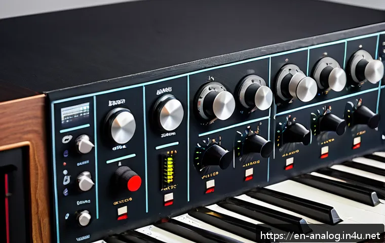 아날로그 합성기 - A detailed close-up image of a vintage analog synthesizer’s oscillator section, showcasing classic k...