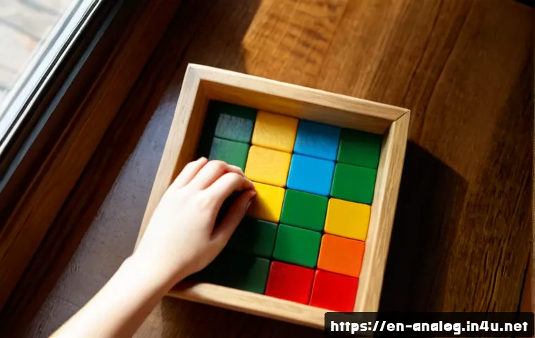 아날로그 퍼즐 게임 - Photorealistic close-up of an analog wooden puzzle game on a tidy oak table, adult hands sliding col...