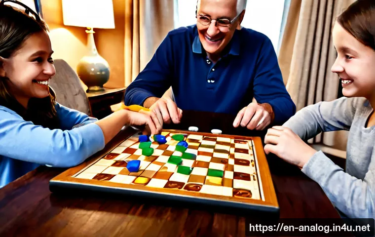 아날로그 게임의 인기 - Photorealistic cozy family game night in a bright American living room, three generations gathered a...
